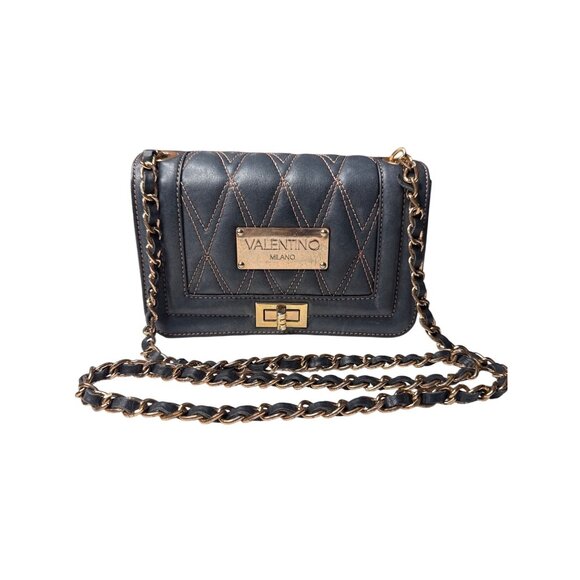 Valentino Milano Quilted Black Leather Chain Shoulder Bag With Gold Accents - Picture 1 of 11